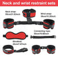 Couples BDSM bondage set with red and black neck strap, wrist strap, blindfold, and connecting rope restraints.