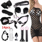 37-Piece Black Wolf BDSM Kit with cuffs, ropes, gag, vibrator, anal plug, and fetish accessories displayed alongside woman in black mesh dress