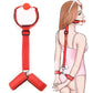 Red ball gag with adjustable straps and connected wrist and ankle restraints from an All-in-One 18-Piece Bondage & Strap-On Kit