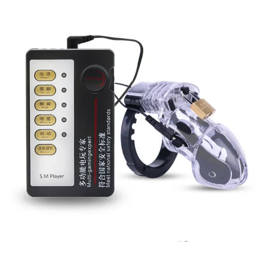 Lockable Male Chastity Device — Cock Cage with E-Stim Rings & Scrotum Restraints