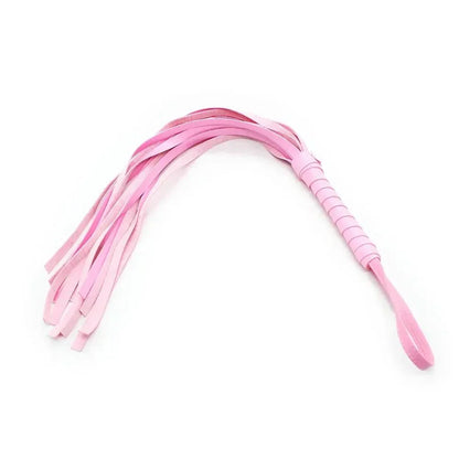 Pink faux leather whip with multiple strips and wrapped handle for BDSM impact play