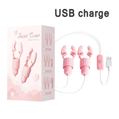 Pink nipple clamps vibrator with USB charging and adjustable intensity for multi-zone stimulation