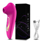 powerful clitoris sucking vibrator in pink with ergonomic design, black packaging box, and white USB charging cable