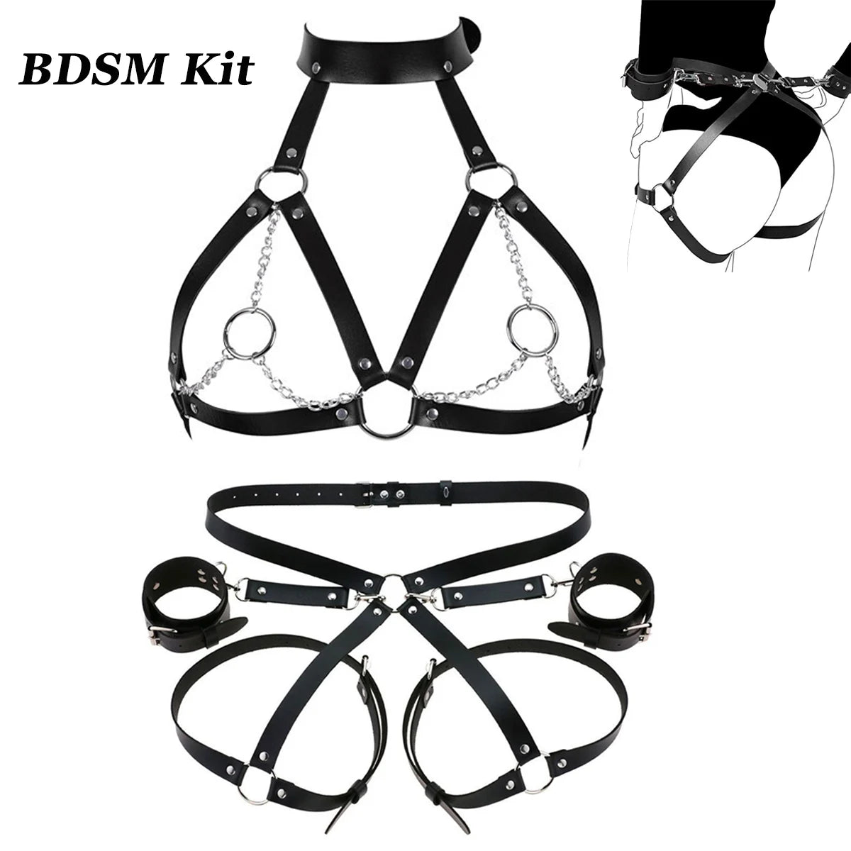 Leather Restraint & Body Harness Bondage Kit — Adjustable Couples Bondage Set