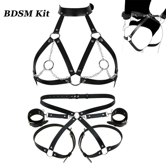 Leather Restraint & Body Harness Bondage Kit — Adjustable Couples Bondage Set