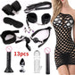 37-Piece Black Wolf BDSM Kit with cuffs, ropes, gag, flogger, vibrator, anal plug, and fishnet dress