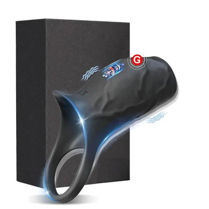 Black vibrator penis sleeve and cock ring ejaculation extender with G-spot stimulation displayed next to a black box
