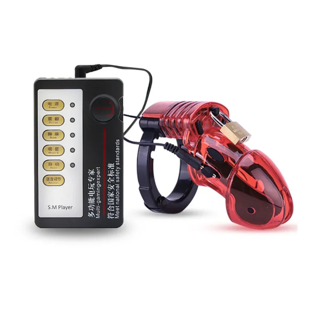 Lockable Male Chastity Device — Cock Cage with E-Stim Rings & Scrotum Restraints