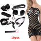 10-piece set from the 37-Piece Black Wolf BDSM Kit with bondage cuffs, gag, flogger, rope, vibrator, and anal plug accessories and a black fishnet dress model
