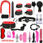 Plush and nylon BDSM kit with red soft cuffs, whip, blindfold, nipple clamps, and versatile bondage accessories for couples