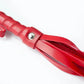 Red faux leather whip riding crop for BDSM impact play with firm handle and flexible flogger strands