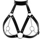 Adjustable strappy body harness belt with metal rings and chains for fetish and lingerie layering