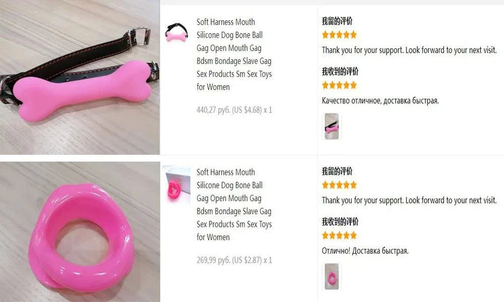 Soft harness mouth silicone dog-bone ball gag with adjustable strap in pink for bondage play