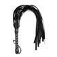 Black leather flogger whip with multiple tails for sensory play and bondage use