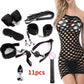 11-piece set from 37-Piece Black Wolf BDSM Kit with cuffs, gag, paddle, and anal plug in black mesh dress display