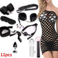 37-Piece Black Wolf BDSM Kit with bondage cuffs, gag, flogger, vibrator, anal plug, and fishnet dress for couples' intimacy and restraint play