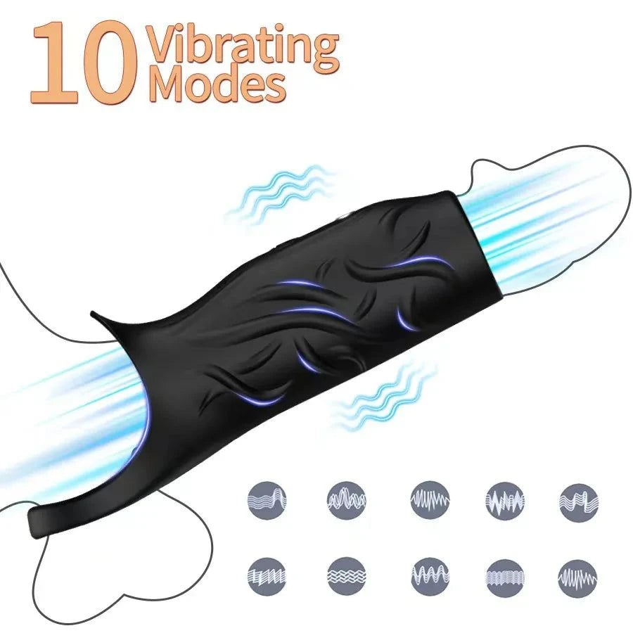 Black vibrator penis sleeve with 10 vibrating modes for G-spot and testicle stimulation couples toy
