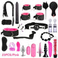 Plush & nylon BDSM kit with cuffs, whip, blindfold, nipple clamps, and pink accessories for soft bondage play