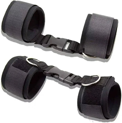Adjustable black nylon handcuff and collar bondage restraint set for couples