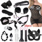 37-piece Black Wolf BDSM kit with bondage cuffs, ropes, gag, vibrator, anal plug, and lingerie set