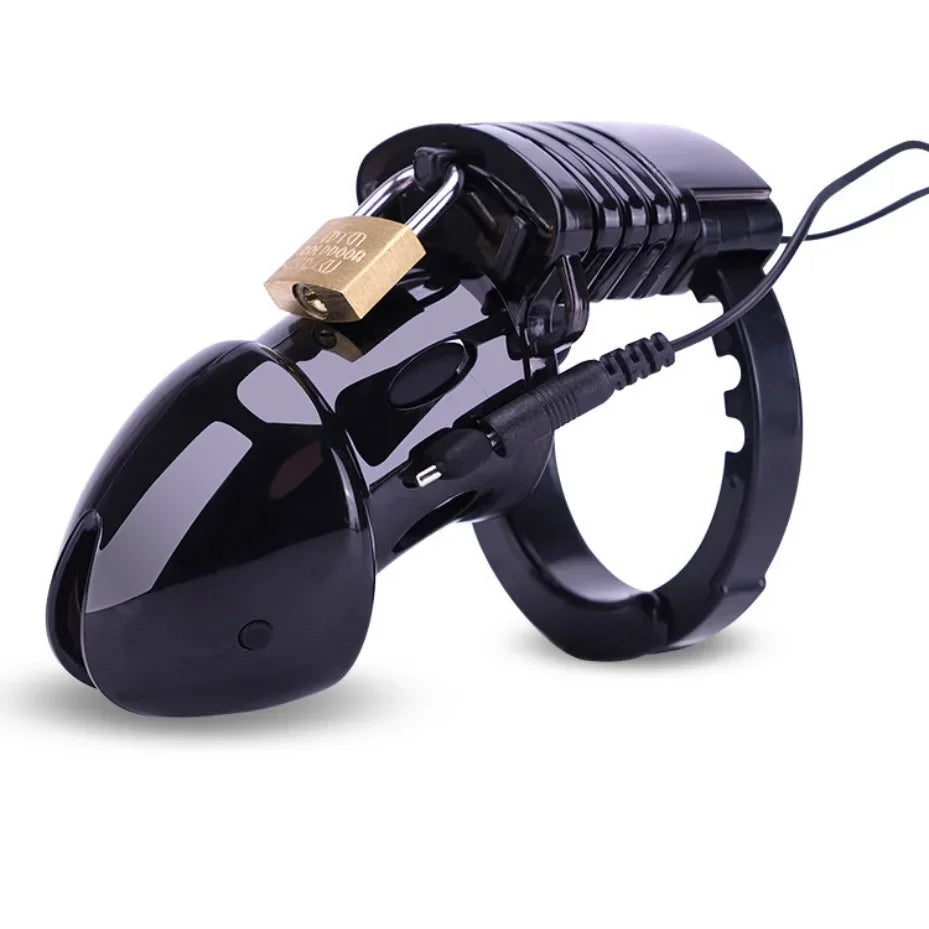 Lockable Male Chastity Device — Cock Cage with E-Stim Rings & Scrotum Restraints