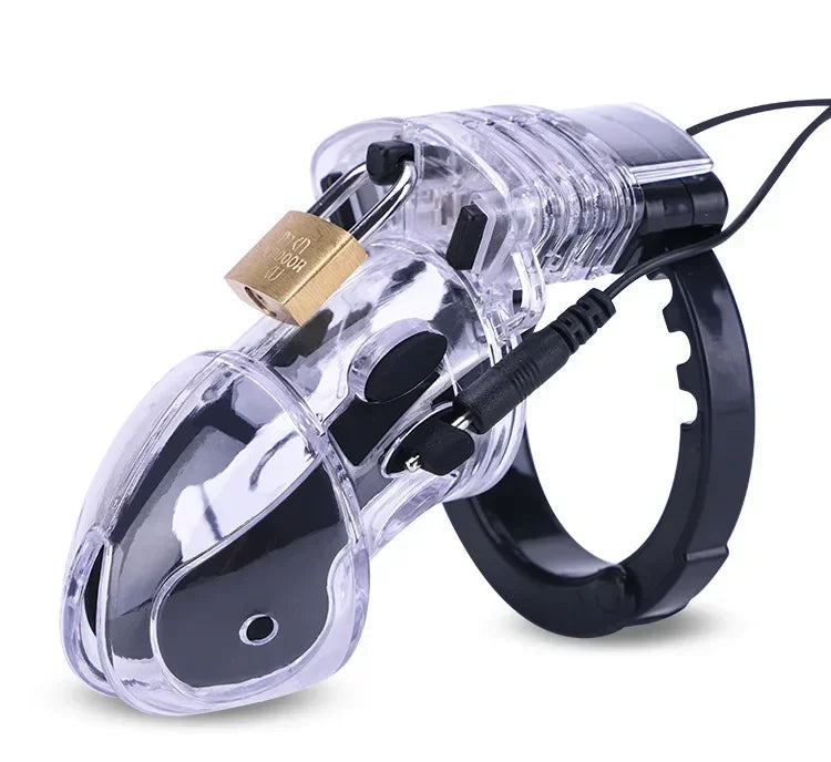 Lockable Male Chastity Device — Cock Cage with E-Stim Rings & Scrotum Restraints