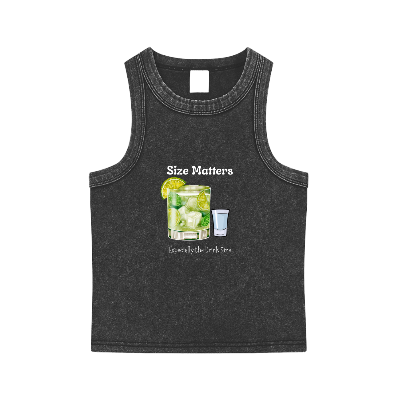 Black snow washed women’s crop tank top with round neck and “Size Matters” drink graphic print