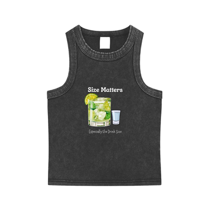 Black snow washed women’s crop tank top with round neck and “Size Matters” drink graphic print