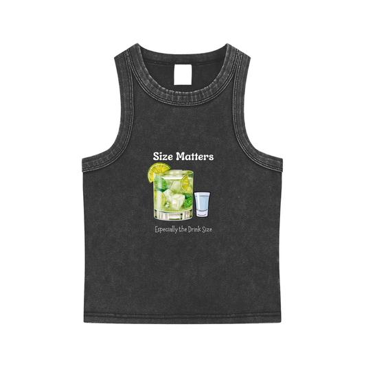 Black snow washed women’s crop tank top with round neck and “Size Matters” drink graphic print