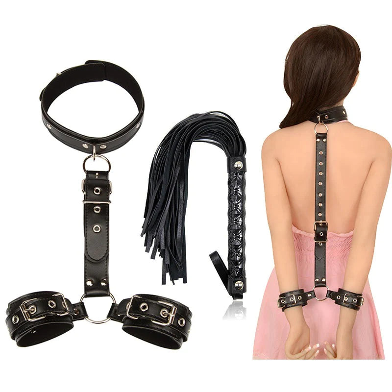 Neck collar Handcuff with Whip BDSM Bondage Restraint Rope Exotic Accessories