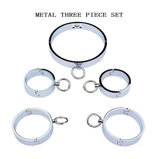 Heavy Metal Steel Slave BDSM Bondage Lock Circular Wrist Handcuffs Ankle Cuffs Collar Fetish Shackles Adult Sex Toys Men Women