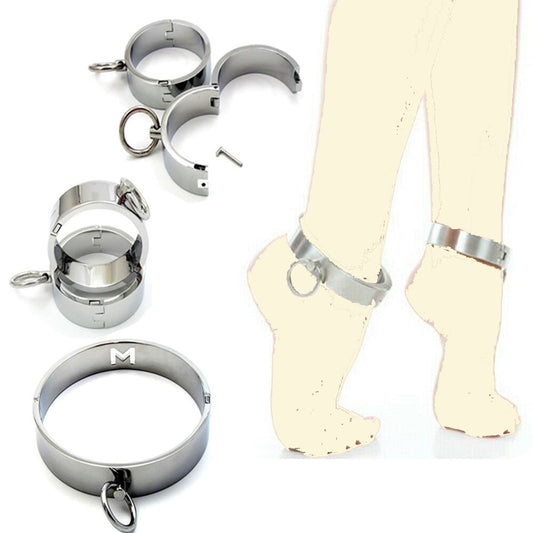 Heavy Metal Steel Slave BDSM Bondage Lock Circular Wrist Handcuffs Ankle Cuffs Collar Fetish Shackles Adult Sex Toys Men Women