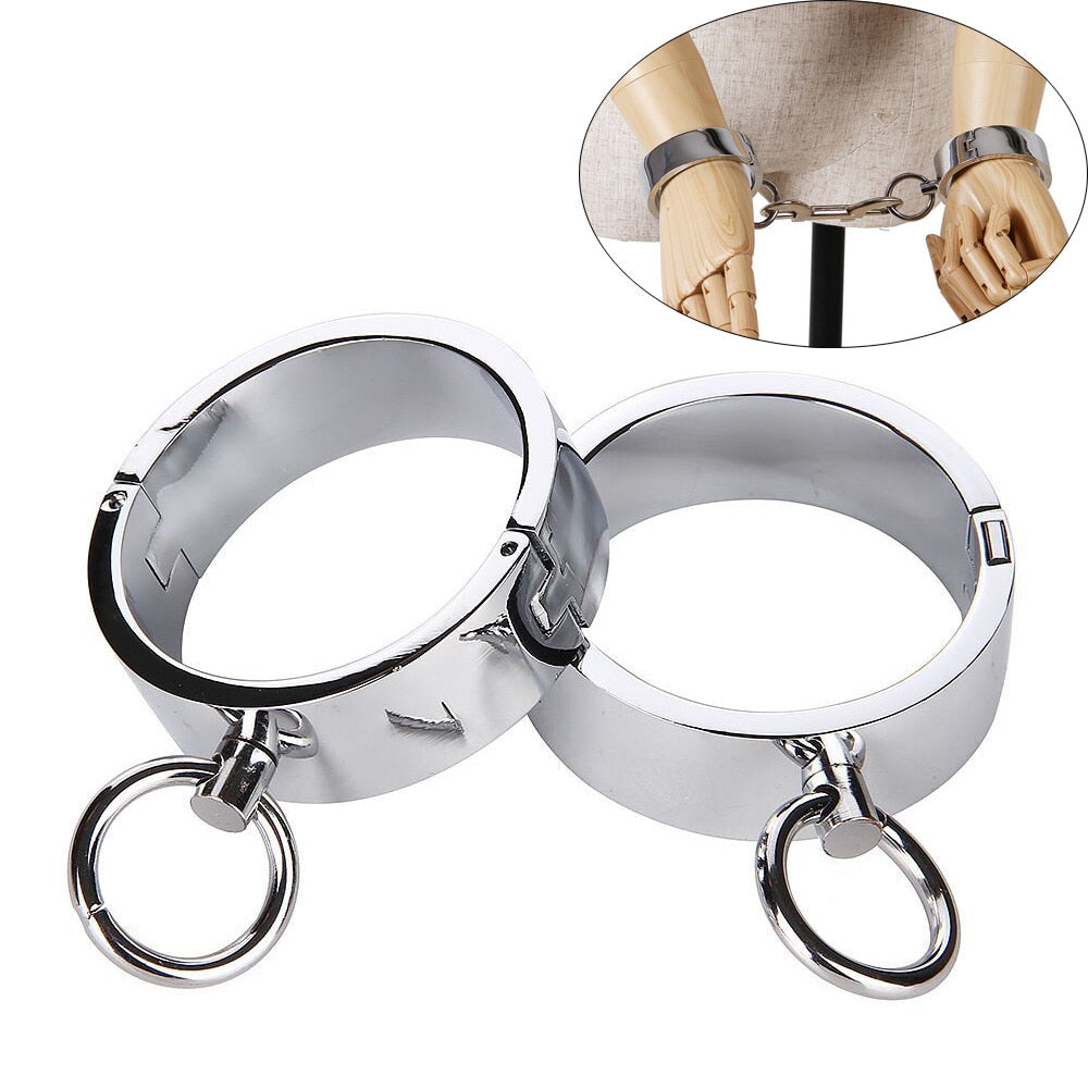 Heavy Metal Steel Slave BDSM Bondage Lock Circular Wrist Handcuffs Ankle Cuffs Collar Fetish Shackles Adult Sex Toys Men Women